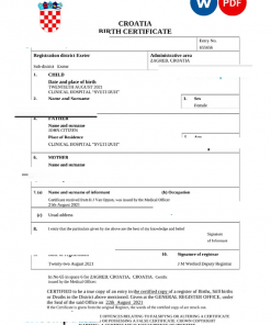 Croatia birth certificate Word and PDF template, completely editable