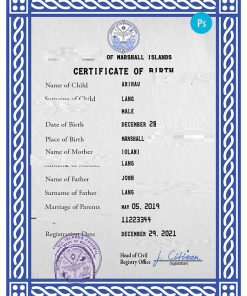 Marshall Islands vital record birth certificate PSD template, fully editable