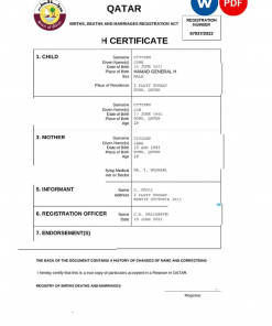 Qatar vital record birth certificate Word and PDF template, completely editable