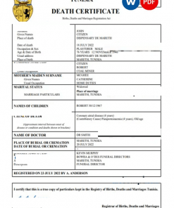 Tunisia vital record death certificate Word and PDF template