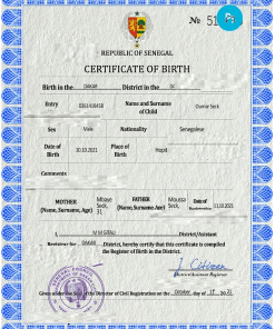 Senegal birth certificate PSD template, completely editable
