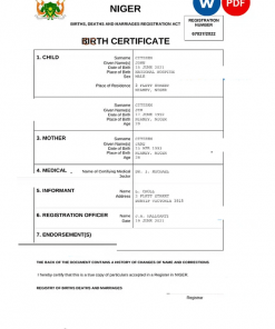 Niger birth certificate Word and PDF template, completely editable