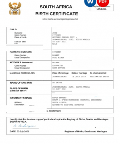 South Africa vital record birth certificate Word and PDF template, completely editable