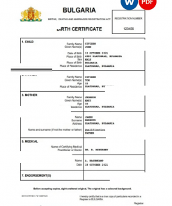 Bulgaria vital record birth certificate Word and PDF template, fully editable (Copy)