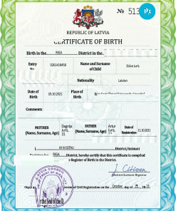 Latvia vital record birth certificate PSD template, fully editable