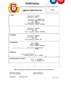 Portugal birth certificate Word and PDF template, completely editable
