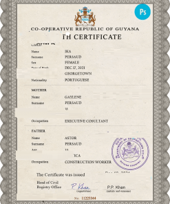Guyana vital record birth certificate PSD template, fully editable