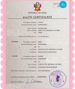 Peru vital record birth certificate PSD template, fully editable