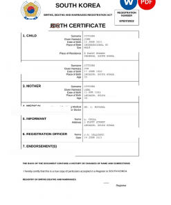 South Korea birth certificate Word and PDF template, completely editable