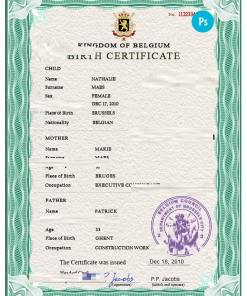 Belgium vital record birth certificate PSD template, fully editable
