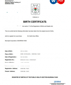 Burkina Faso birth certificate Word and PDF template, completely editable