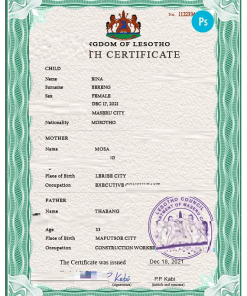 Lesotho vital record birth certificate PSD template
