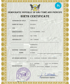 Sao Tome and Principe vital record birth certificate PSD template, fully editable