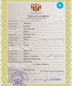 Hawaii birth certificate PSD template, completely editable