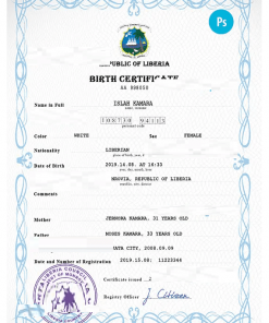 Liberia vital record birth certificate PSD template, completely editable