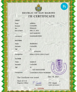 San Marino birth certificate PSD template, completely editable