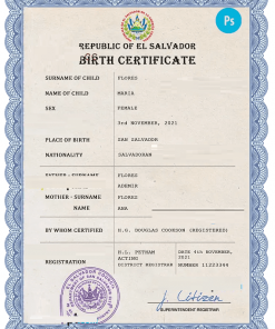 El Salvador vital record birth certificate PSD template, completely editable