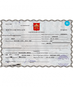 Holy See vital record birth certificate PSD template, fully editable