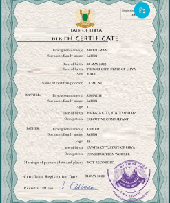 Libya birth certificate PSD template, completely editable