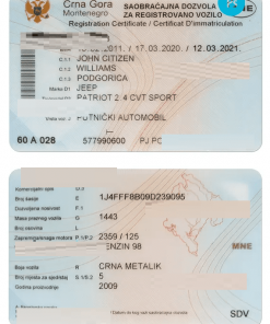 MONTENEGRO vehicle registration certificate PSD template, completely editable