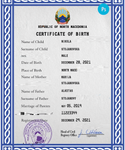 North Macedonia vital record birth certificate PSD template