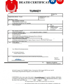 Turkey vital record death certificate Word and PDF template