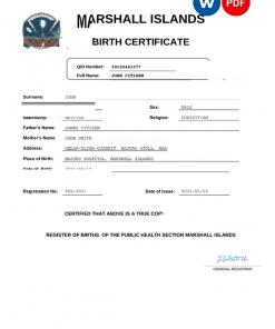 Marshall Islands vital record birth certificate Word and PDF template, completely editable