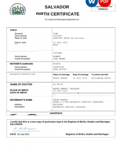 Salvador birth certificate Word and PDF template, completely editable