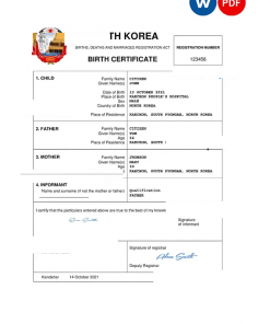 North Korea birth certificate Word and PDF template, completely editable