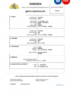 Sweden birth certificate Word and PDF template, completely editable