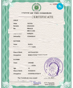 Comoros vital record birth certificate PSD template, fully editable