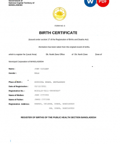 Bangladesh vital record birth certificate Word and PDF template, fully editable