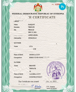 Ethiopia birth certificate PSD template, completely editable