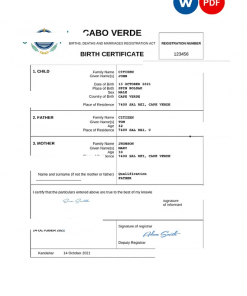 Cabo Verde vital record birth certificate Word and PDF template, completely editable