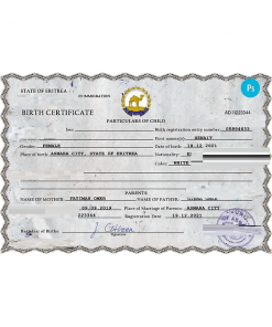 Eritrea vital record birth certificate PSD template, fully editable
