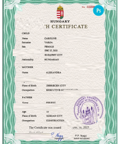 Hungary birth certificate PSD template, completely editable