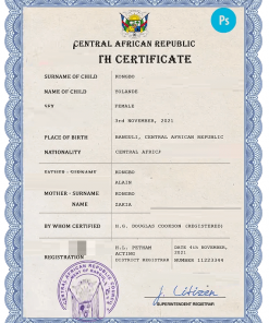 Central African Republic birth certificate PSD template, completely editable