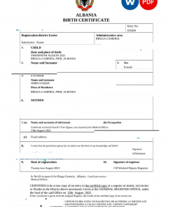 Albania birth certificate Word and PDF template, completely editable