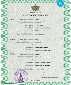 Saint Lucia vital record birth certificate PSD template, fully editable