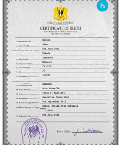 Syria birth certificate PSD template, completely editable