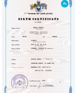 Eswatini vital record birth certificate PSD template, completely editable