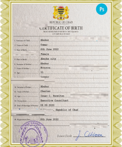 Chad vital record birth certificate PSD template, fully editable