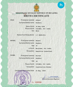 Sri Lanka vital record birth certificate PSD template