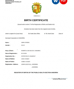 Andorra vital record birth certificate Word and PDF template