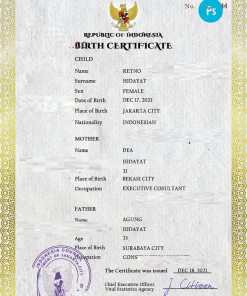 Indonesia vital record birth certificate PSD template, completely editable
