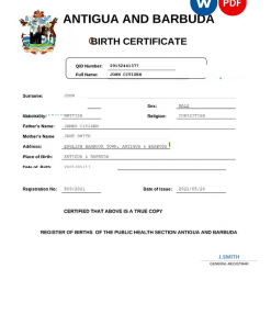 Antigua and Barbuda birth certificate Word and PDF template, completely editable
