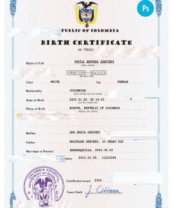Colombia birth certificate PSD template, completely editable