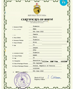 Tunisia vital record birth certificate PSD template