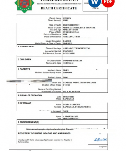 Turkmenistan death certificate Word and PDF template, completely editable