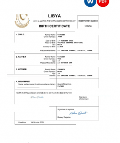 Libya vital record birth certificate Word and PDF template, completely editable